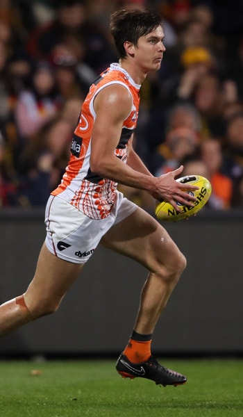 SLIDER-TAYLORonDEBUT.jpg Sam Taylor runs with the football during his debut against the Adelaide Crows during round 11. - AFL,GWS Giants,Adelaide Crows,Adelaide Oval,Sam Taylor
